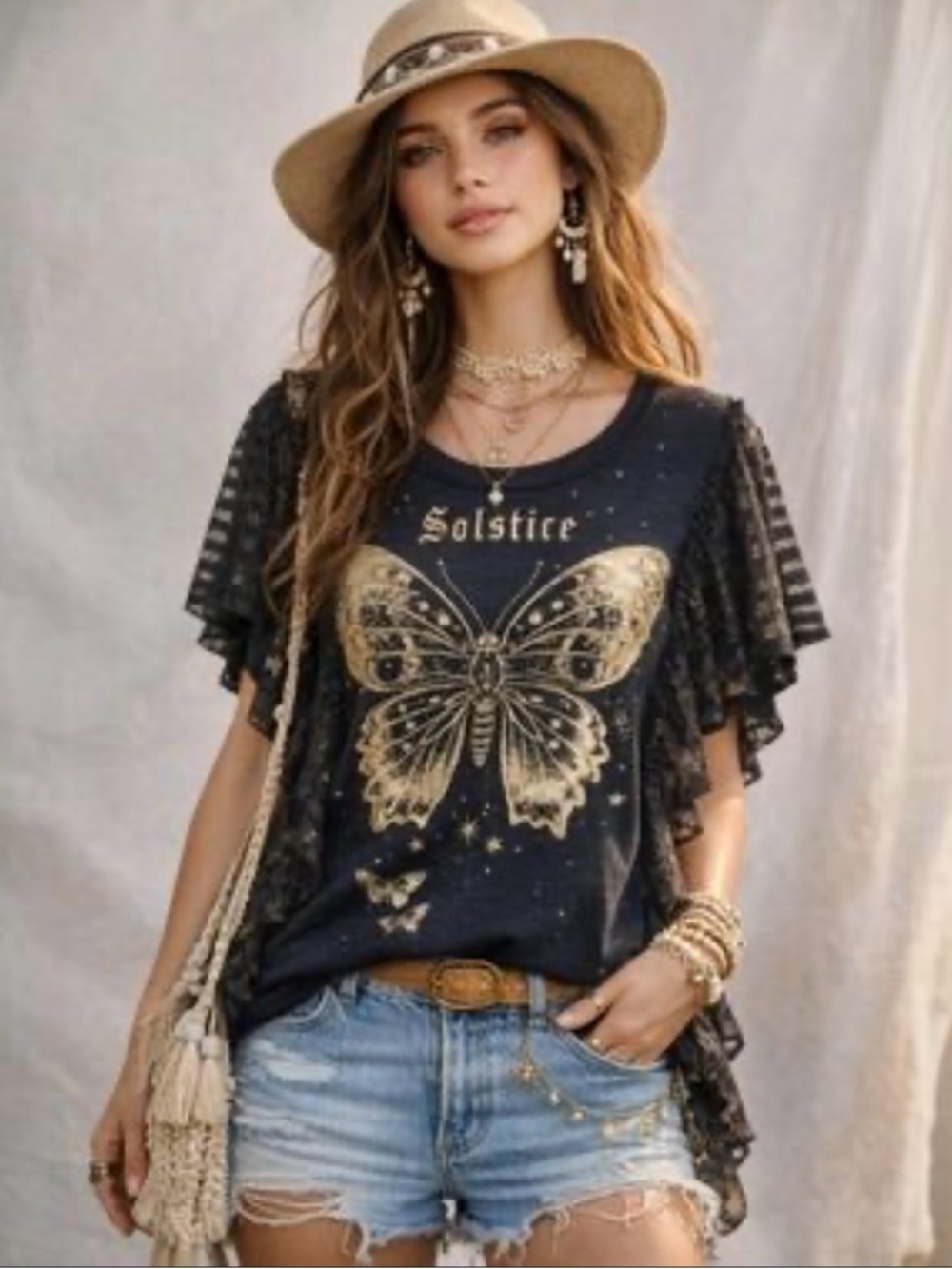 Anthropologie Black Tee with Metallic Gold Butterfly